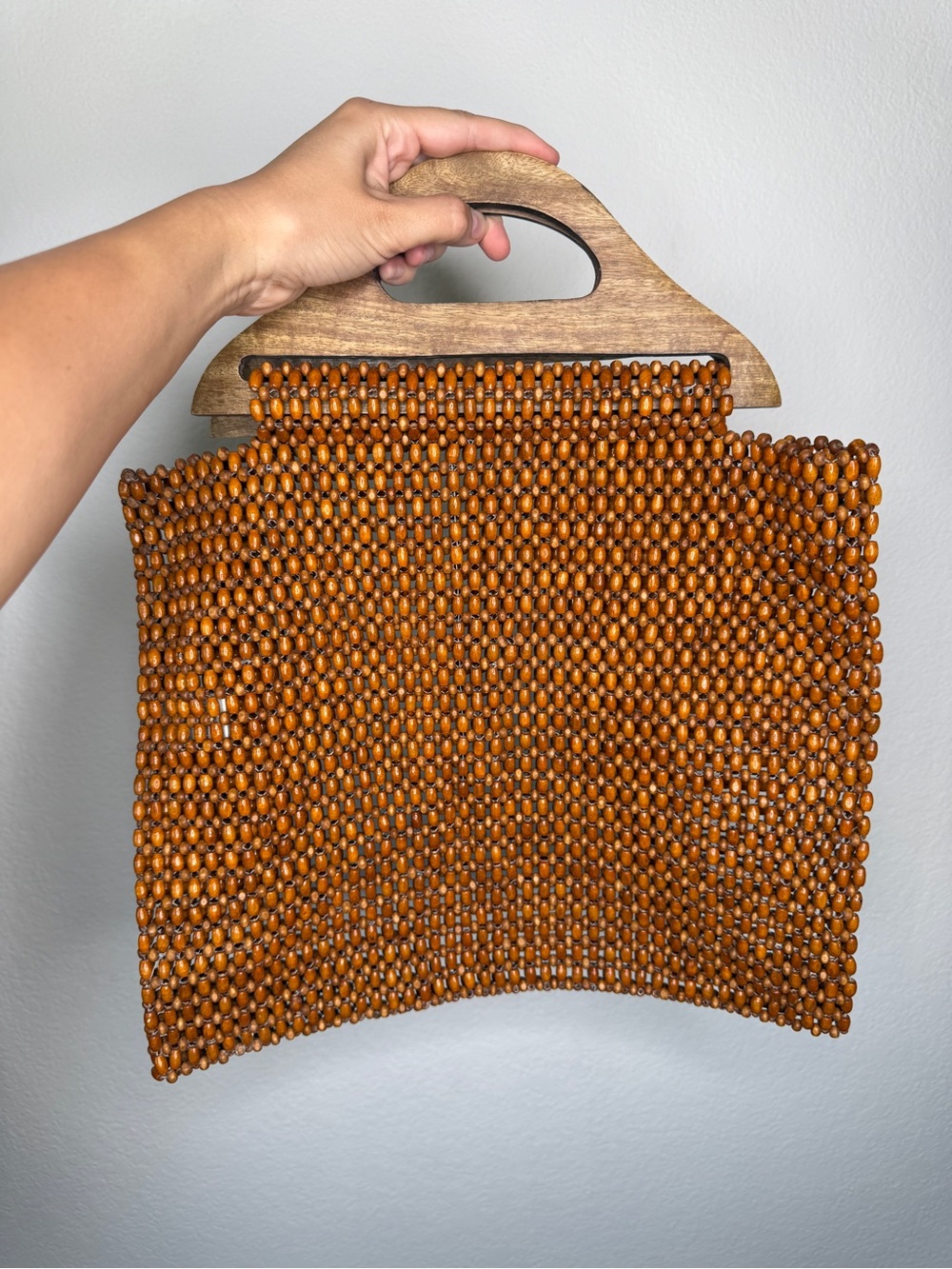 Anthropologie Beaded Wood Handle Tote Brown Lightweight Bag OS - Picture 2 of 8